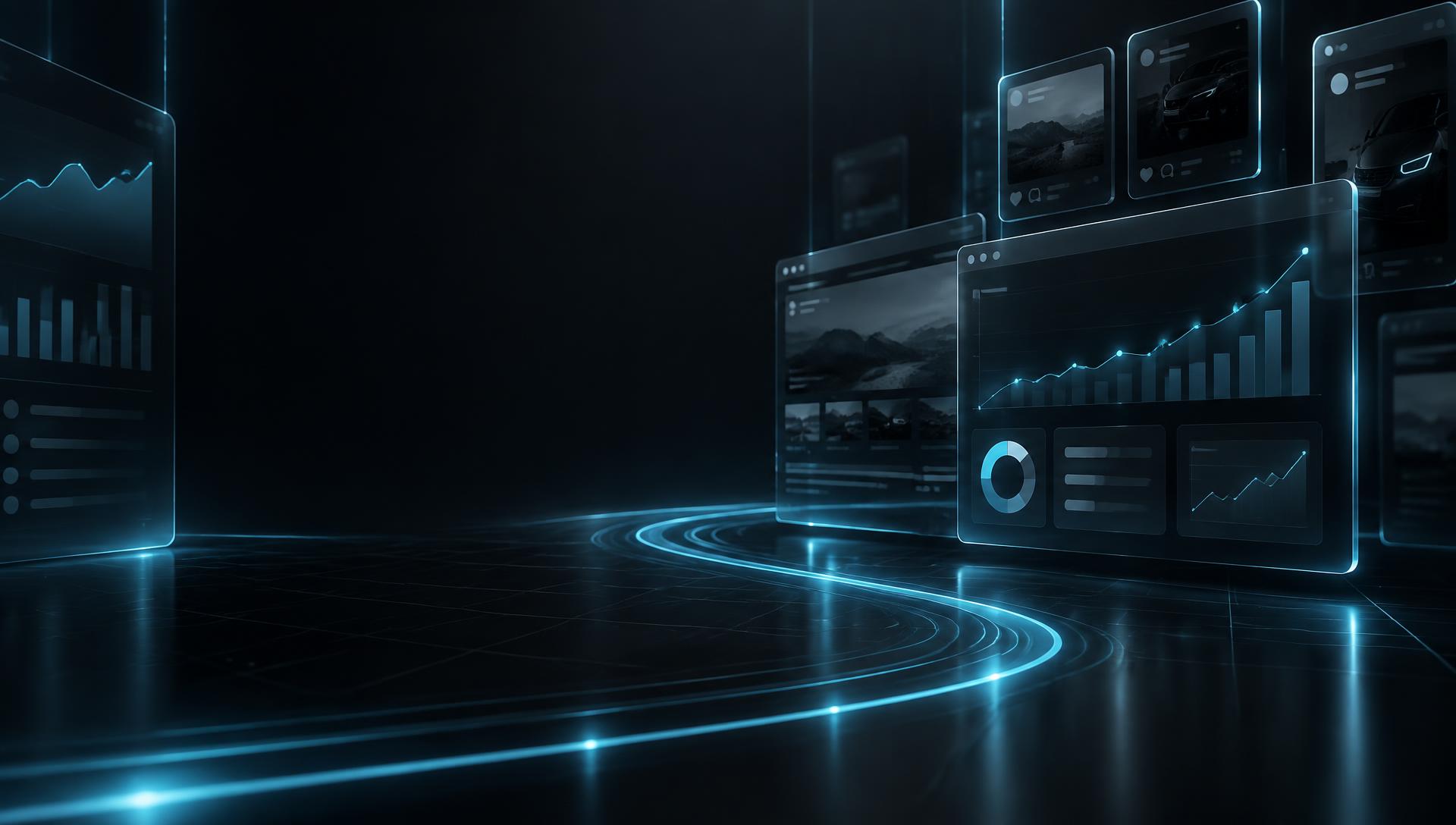 Abstract digital dashboards connected by electric cyan data lines